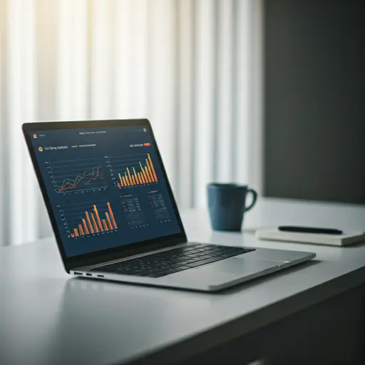 A clean, professional high-angle shot of a modern office desk featuring a laptop displaying vibrant data analytics charts