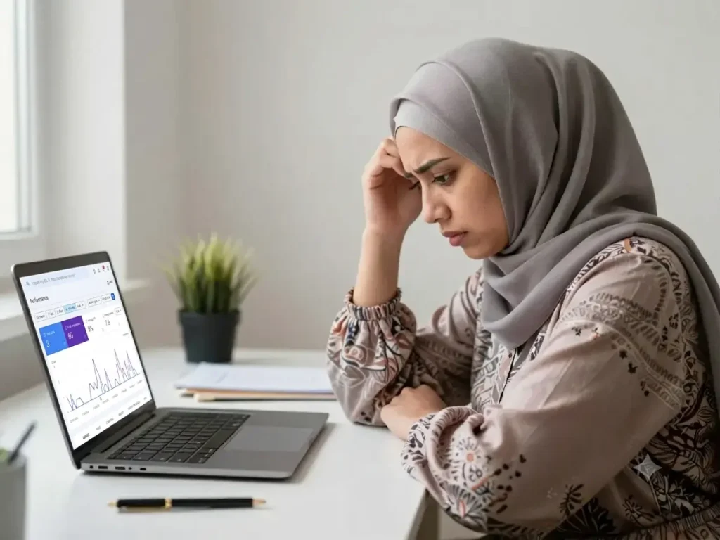 a business woman look at her search console report showing low traffic