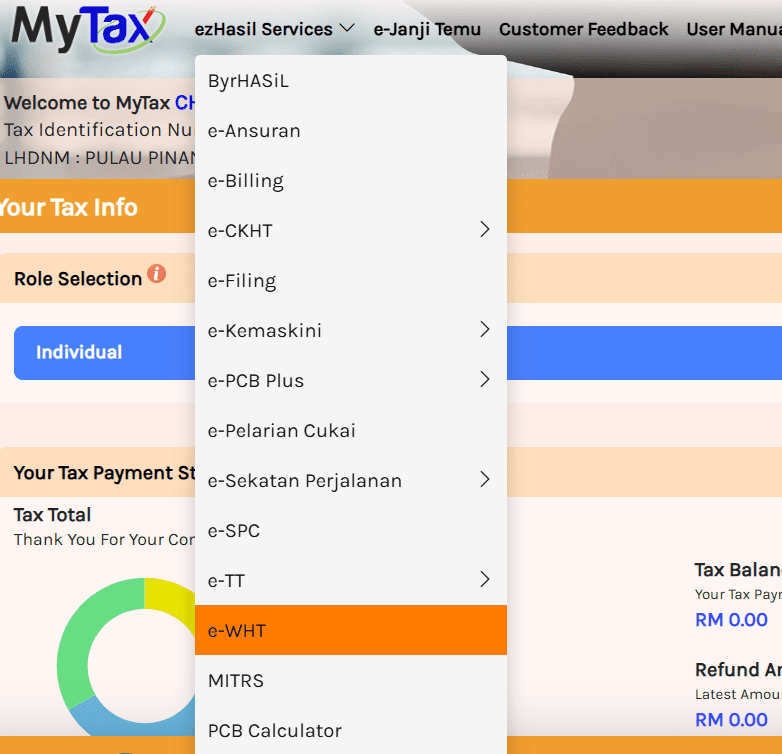 screenshot of lhdn tax portal