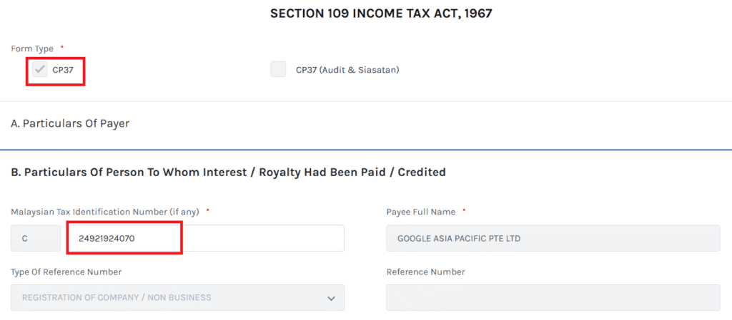 screenshot of witholding tax submission fields
